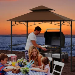 Grillpavillon mit Doppeldach & Seitenregalen & 7 Haken Wetterfeste Grillüberdachung Braun