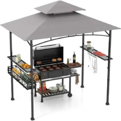 Grillpavillon mit Doppeldach & Seitenregalen & Metallkorb Grillüberdachungen Grillunterstand