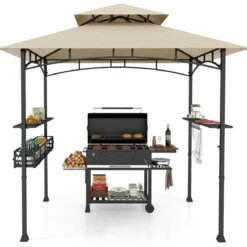 Grillpavillon mit Doppeldach & Seitenregalen & Metallkorb Grillüberdachungen Grillunterstand