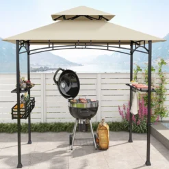Grillpavillon mit Doppeldach & Seitenregalen & Metallkorb Grillüberdachungen Grillunterstand