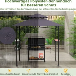 Grillpavillon mit Doppeldach & Seitenregalen & Metallkorb Grillüberdachungen Grillunterstand