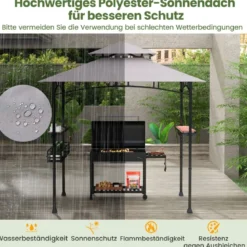 Grillpavillon mit Doppeldach & Seitenregalen & Metallkorb Grillüberdachungen Grillunterstand