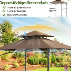 Grillpavillon mit Doppeldach & Seitenregalen & Metallkorb Grillüberdachungen Grillunterstand