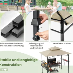 Grillpavillon mit Doppeldach & Seitenregalen & Metallkorb Grillüberdachungen Grillunterstand
