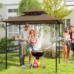 Grillpavillon mit Doppeldach & Seitenregalen & Metallkorb Grillüberdachungen Grillunterstand
