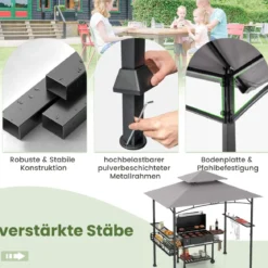 Grillpavillon mit Doppeldach & Seitenregalen & Metallkorb Grillüberdachungen Grillunterstand