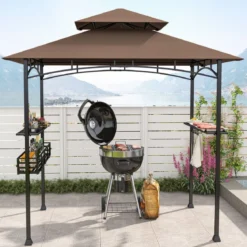Grillpavillon mit Doppeldach & Seitenregalen & Metallkorb Grillüberdachungen Grillunterstand