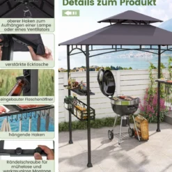 Grillpavillon mit Doppeldach & Seitenregalen & Metallkorb Grillüberdachungen Grillunterstand