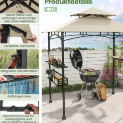 Grillpavillon mit Doppeldach & Seitenregalen & Metallkorb Grillüberdachungen Grillunterstand