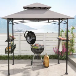 Grillpavillon mit Doppeldach & Seitenregalen & Metallkorb Grillüberdachungen Grillunterstand