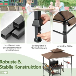 Grillpavillon mit Doppeldach & Seitenregalen & Metallkorb Grillüberdachungen Grillunterstand