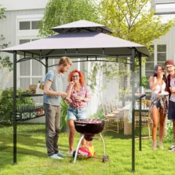 Grillpavillon mit Doppeldach & Seitenregalen & Metallkorb Grillüberdachungen Grillunterstand