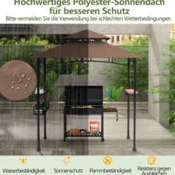 Grillpavillon mit Doppeldach & Seitenregalen & Metallkorb Grillüberdachungen Grillunterstand