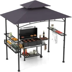 Grillpavillon mit Doppeldach & Seitenregalen & Metallkorb Grillüberdachungen Grillunterstand