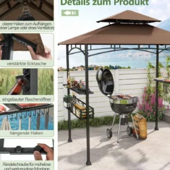 Grillpavillon mit Doppeldach & Seitenregalen & Metallkorb Grillüberdachungen Grillunterstand