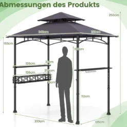 Grillpavillon mit Doppeldach & Seitenregalen & Metallkorb Grillüberdachungen Grillunterstand
