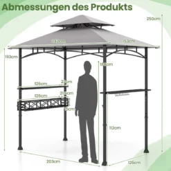 Grillpavillon mit Doppeldach & Seitenregalen & Metallkorb Grillüberdachungen Grillunterstand