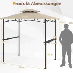 Grillpavillon mit Doppeldach & 2 Seitenregalen & 6 Haken Gartenpavillon BBQ Pavillon 242 x 150 cm Grau/Beige/Braun