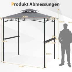 Grillpavillon mit Doppeldach & 2 Seitenregalen & 6 Haken Gartenpavillon BBQ Pavillon 242 x 150 cm Grau/Beige/Braun
