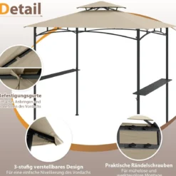 Grillpavillon mit Doppeldach & 2 Seitenregalen & 6 Haken Gartenpavillon BBQ Pavillon 242 x 150 cm Grau/Beige/Braun