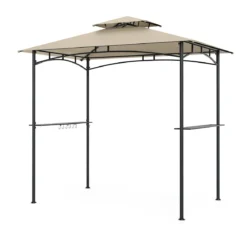 Grillpavillon mit Doppeldach & 2 Seitenregalen & 6 Haken Gartenpavillon BBQ Pavillon 242 x 150 cm Grau/Beige/Braun