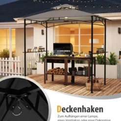Grillpavillon mit Doppeldach & 2 Seitenregalen & 6 Haken Gartenpavillon BBQ Pavillon 242 x 150 cm Grau/Beige/Braun