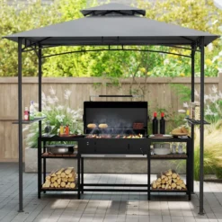 Grillpavillon mit Doppeldach & 2 Seitenregalen & 6 Haken Gartenpavillon BBQ Pavillon 242 x 150 cm Grau/Beige/Braun