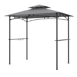 Grillpavillon mit Doppeldach & 2 Seitenregalen & 6 Haken Gartenpavillon BBQ Pavillon 242 x 150 cm Grau/Beige/Braun