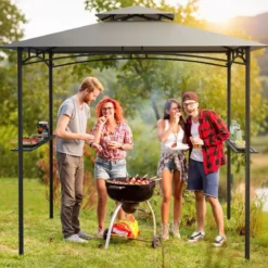 Grillpavillon mit Doppeldach & 2 Seitenregalen & 6 Haken Gartenpavillon BBQ Pavillon 242 x 150 cm Grau/Beige/Braun