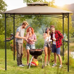 Grillpavillon mit Doppeldach & 2 Seitenregalen & 6 Haken Gartenpavillon BBQ Pavillon 242 x 150 cm Grau/Beige/Braun