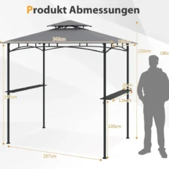 Grillpavillon mit Doppeldach & 2 Seitenregalen & 6 Haken Gartenpavillon BBQ Pavillon 242 x 150 cm Grau/Beige/Braun