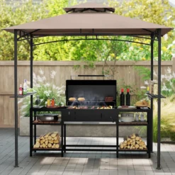 Grillpavillon mit Doppeldach & 2 Seitenregalen & 6 Haken Gartenpavillon BBQ Pavillon 242 x 150 cm Grau/Beige/Braun