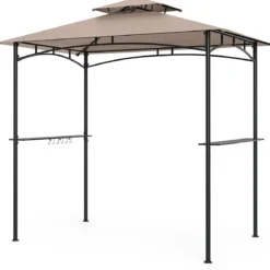 Grillpavillon mit Doppeldach & 2 Seitenregalen & 6 Haken Gartenpavillon BBQ Pavillon 242 x 150 cm Grau/Beige/Braun