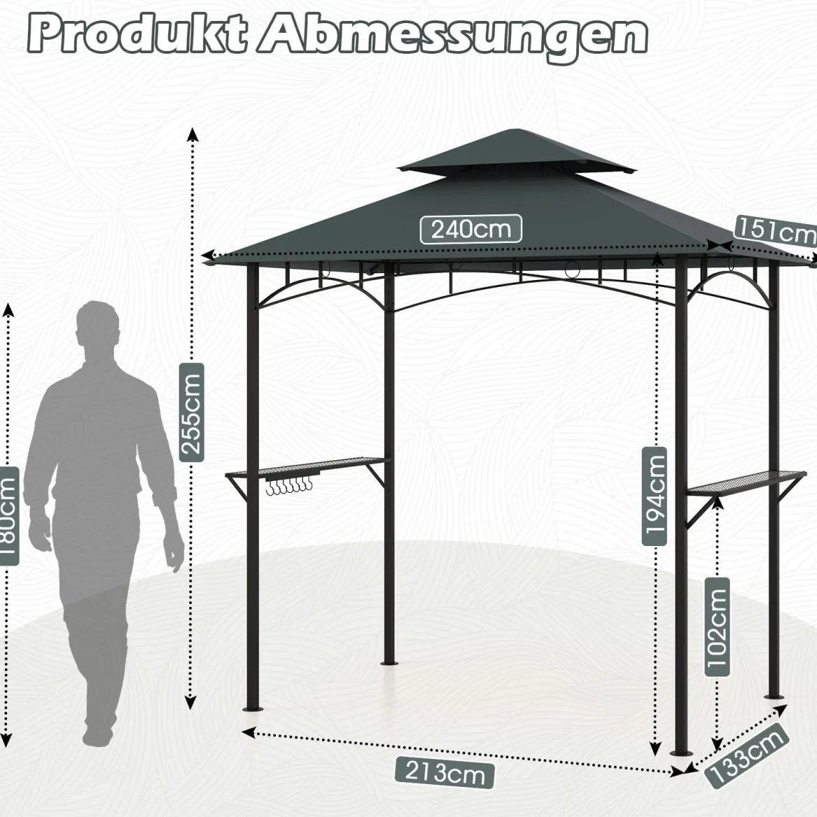 Grillpavillon mit Doppeldach & Seitenregalen & 7 Haken Wetterfeste Grillüberdachung Grau