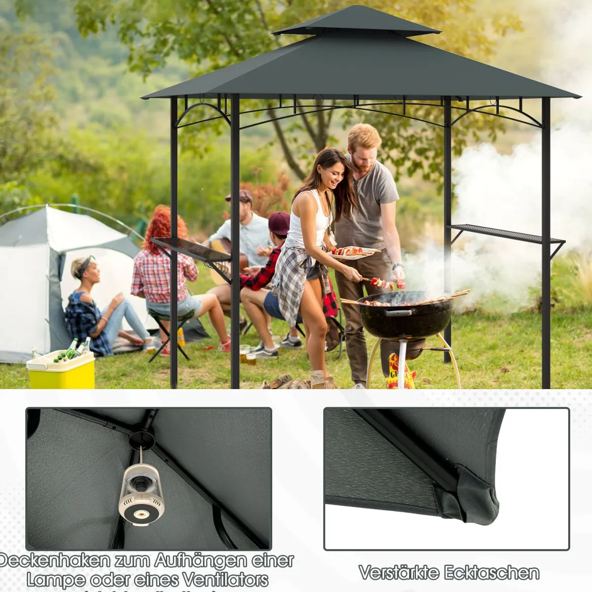 Grillpavillon mit Doppeldach & Seitenregalen & 7 Haken Wetterfeste Grillüberdachung Grau