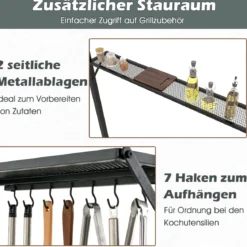 Grillpavillon mit Doppeldach & Seitenregalen & 7 Haken Wetterfeste Grillüberdachung Grau