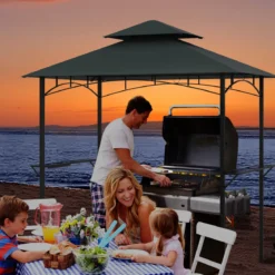 Grillpavillon mit Doppeldach & Seitenregalen & 7 Haken Wetterfeste Grillüberdachung Grau