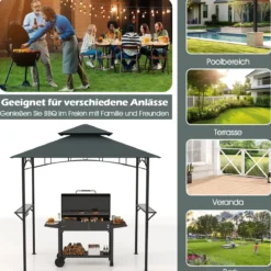 Grillpavillon mit Doppeldach & Seitenregalen & 7 Haken Wetterfeste Grillüberdachung Grau