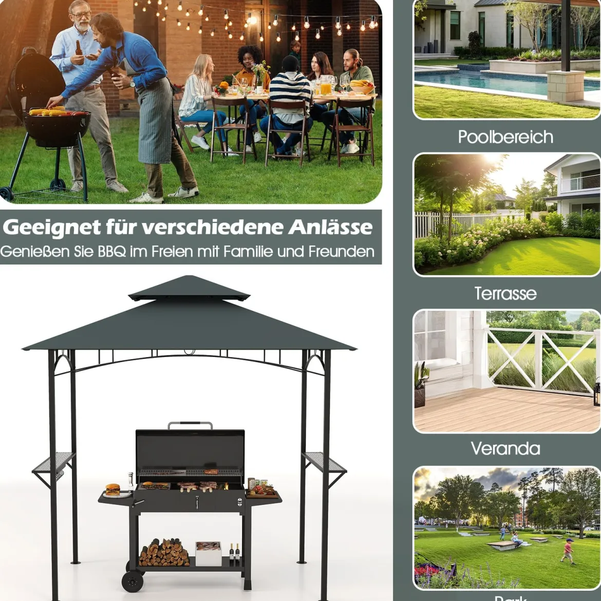 Grillpavillon mit Doppeldach & Seitenregalen & 7 Haken Wetterfeste Grillüberdachung Grau