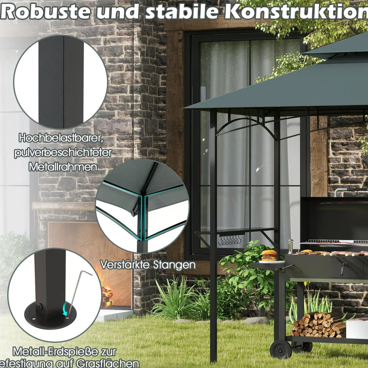 Grillpavillon mit Doppeldach & Seitenregalen & 7 Haken Wetterfeste Grillüberdachung Grau