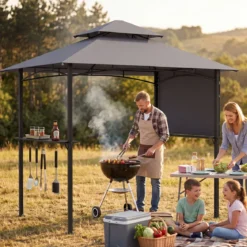 Grillpavillon mit Doppeldach & Ausziehbarer Seitenmarkise Gartenpavillon mit Metallablagen 247 x 150 x 254 cm