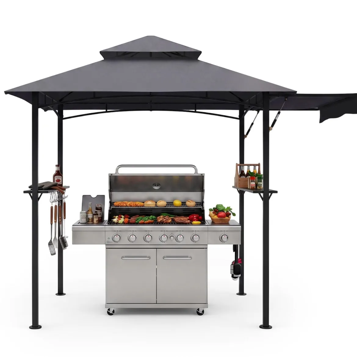 Grillpavillon mit Doppeldach & Ausziehbarer Seitenmarkise Gartenpavillon mit Metallablagen 247 x 150 x 254 cm