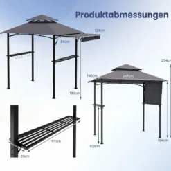 Grillpavillon mit Doppeldach & Ausziehbarer Seitenmarkise Gartenpavillon mit Metallablagen 247 x 150 x 254 cm