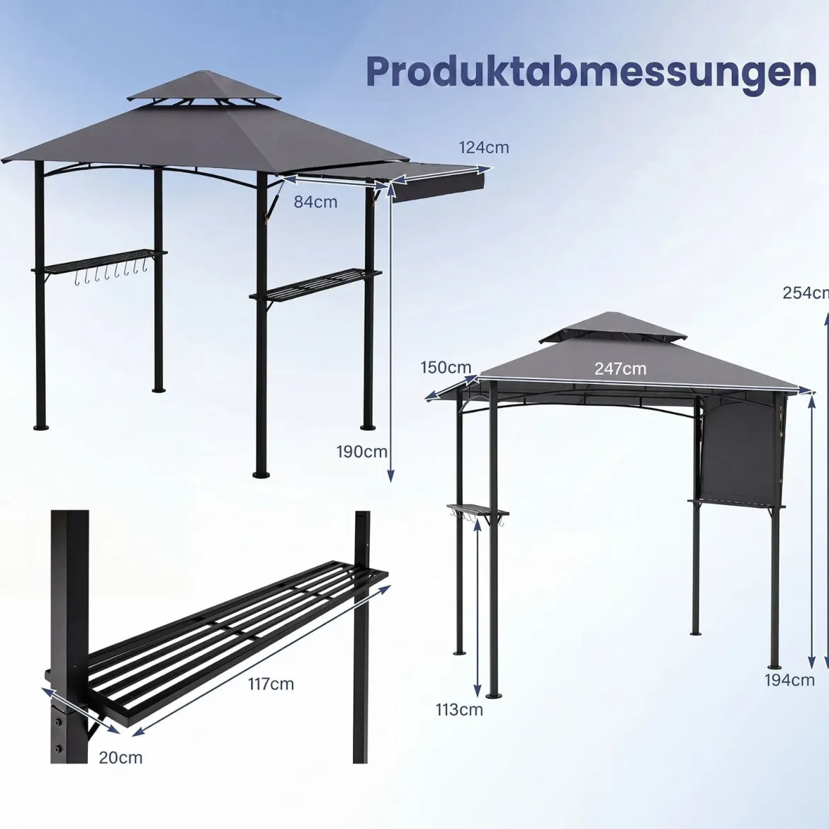 Grillpavillon mit Doppeldach & Ausziehbarer Seitenmarkise Gartenpavillon mit Metallablagen 247 x 150 x 254 cm