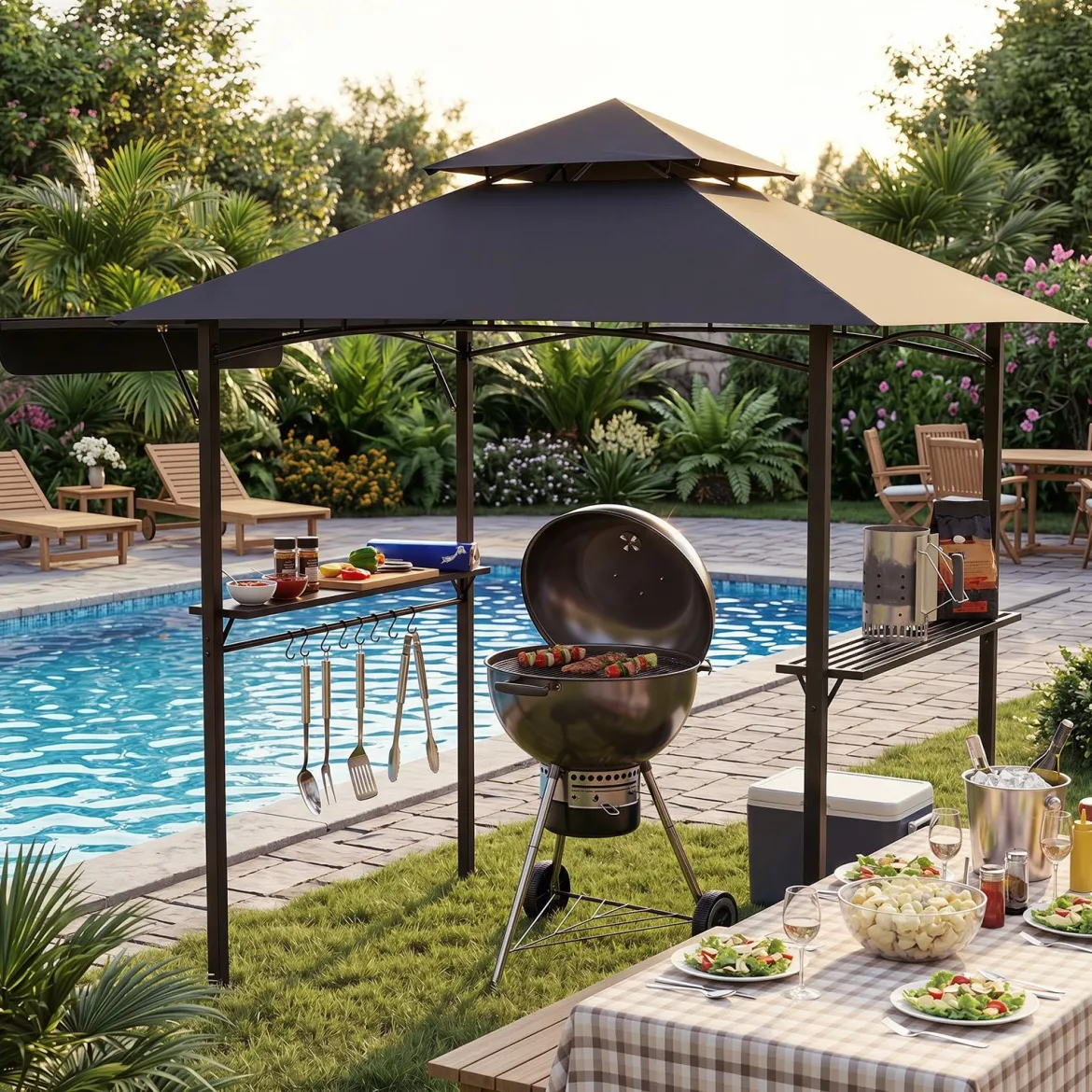 Grillpavillon mit Doppeldach & Ausziehbarer Seitenmarkise Gartenpavillon mit Metallablagen 247 x 150 x 254 cm