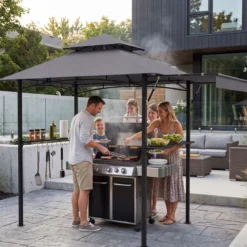 Grillpavillon mit Doppeldach & Ausziehbarer Seitenmarkise Gartenpavillon mit Metallablagen 247 x 150 x 254 cm