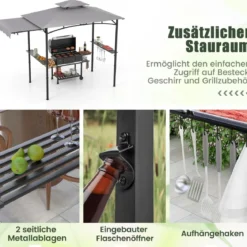 Grillpavillon mit Seitenmarkise Doppeldach 2 Seitenregalen & Haken Gartenpavillon BBQ Pavillon