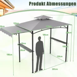 Grillpavillon mit Seitenmarkise Doppeldach 2 Seitenregalen & Haken Gartenpavillon BBQ Pavillon