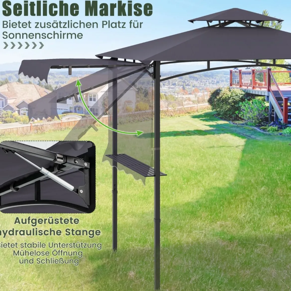 Grillpavillon mit Seitenmarkise Doppeldach 2 Seitenregalen & Haken Gartenpavillon BBQ Pavillon