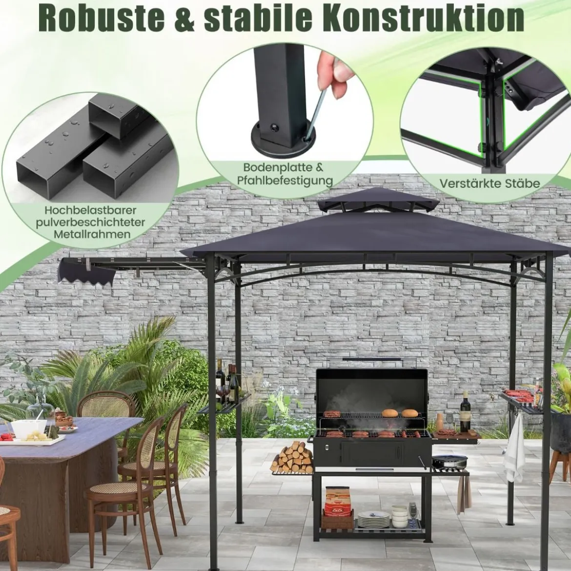 Grillpavillon mit Seitenmarkise Doppeldach 2 Seitenregalen & Haken Gartenpavillon BBQ Pavillon